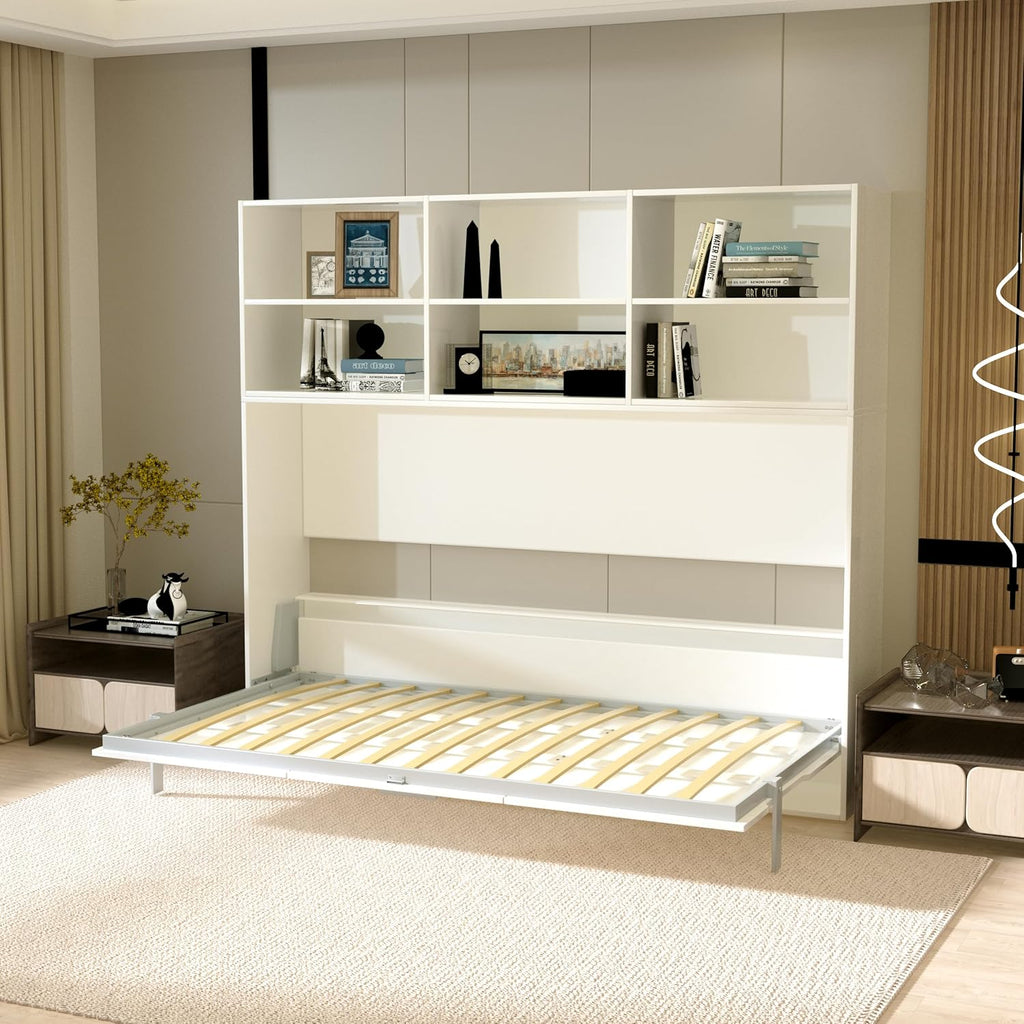 White Twin Size Wall Bedframe with Six Storage Shelf B62002