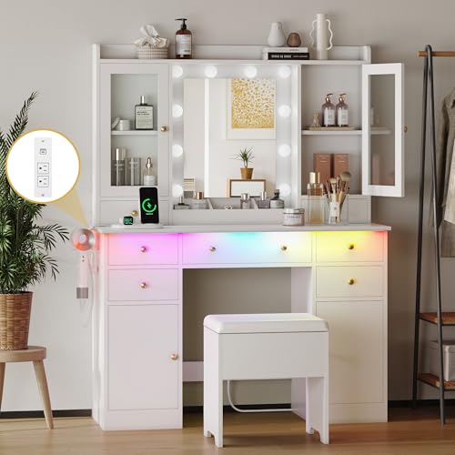 White Vanity Desk with Mirror and Lights and Storage Drawers G174839