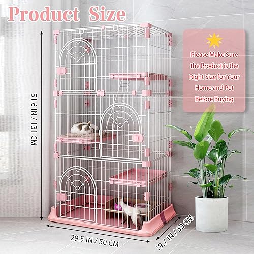 Pink 52 Inches Metal Cat Cage with 3 Platforms and 1 Ramp Y196194