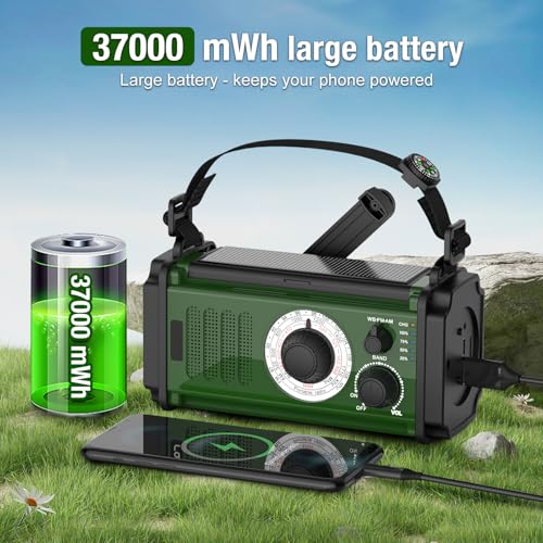 37000mWh Hand Crank Solar NOAA AM FM Weather Radio with Flashlight Reading Lamp SOS Alarm Compass Power Bank J119
