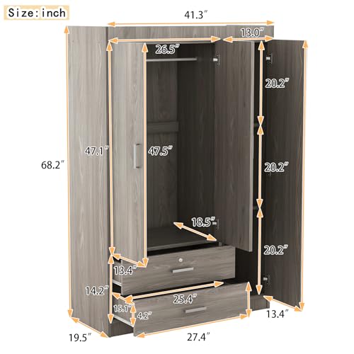 Gray Wood Armoire Wardrobe with Mirror S19775