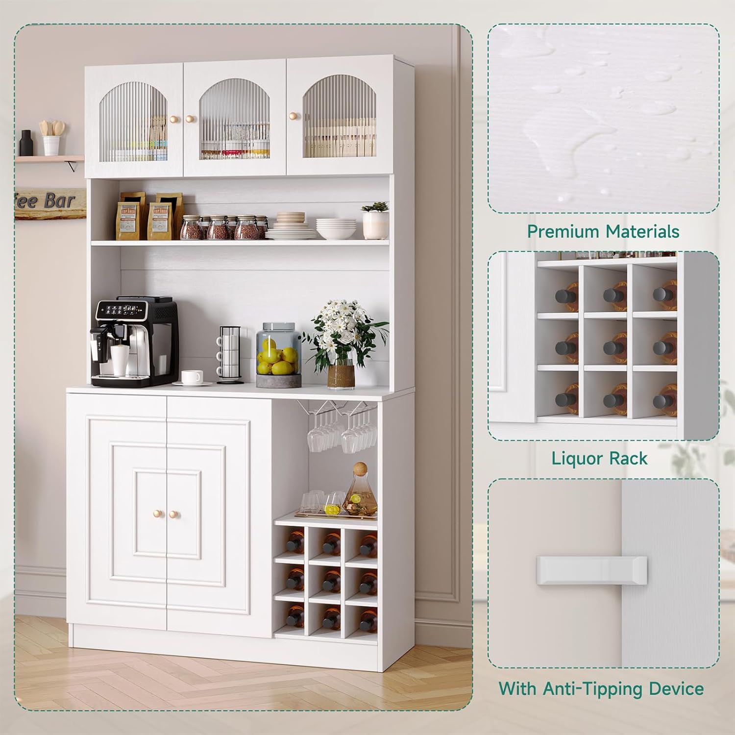 White 71" Tall Freestanding Kitchen Pantry Cabinet with Microwave Stand & Power Outlet J7364