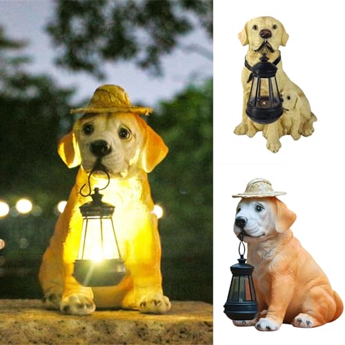 Resin Dog Statues with Straw Hat and Solar Led Lantern E69371