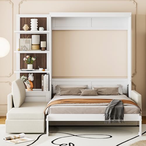 Queen Size Wooden Murphy Bed with Shelves and L-Shape Sofa W29030