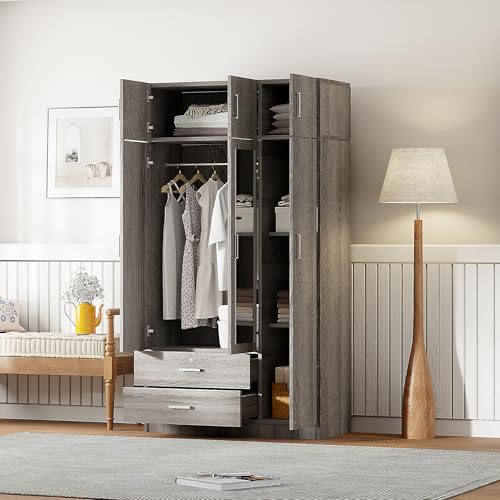 6-Door Wooden Armoire Wardrobe Closet with Mirror, 2 Drawers, 1 Hanging Rod Z242