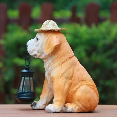 Resin Dog Statues with Straw Hat and Solar Led Lantern E69371