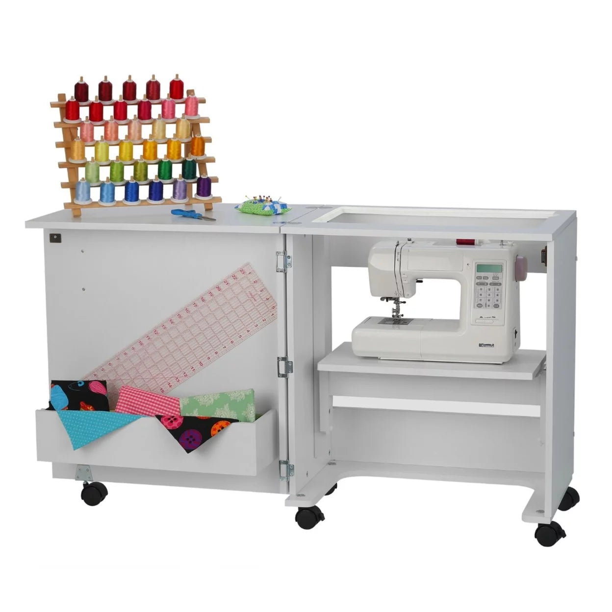 White Sewing and Craft Table with Storage and Adjustable 3-Position Lift L95208
