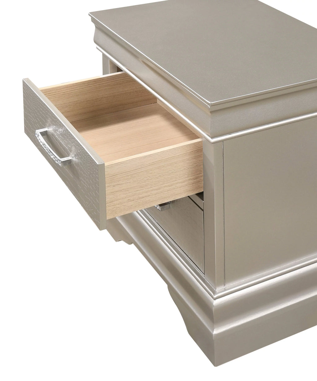 Silver Finish Queen Size Upholstered Button Tufted Headboard Bed Nightstand Set V3356