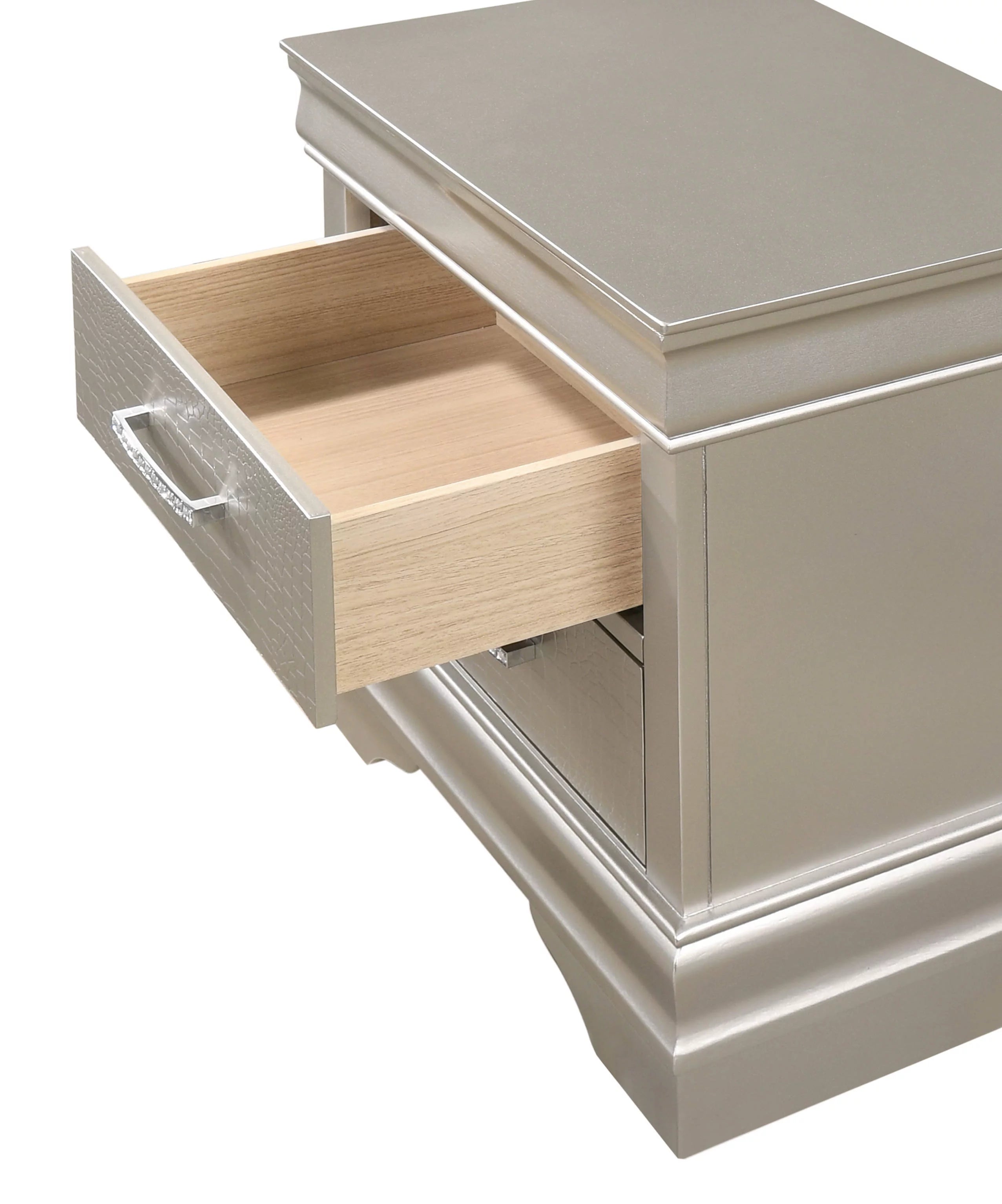 Silver Finish Queen Size Upholstered Button Tufted Headboard Bed Nightstand Set V3356