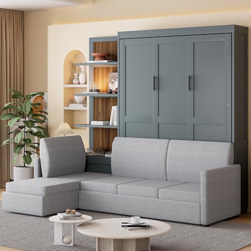 Queen Size Wooden Murphy Bed with Shelves and L-Shape Sofa W29030