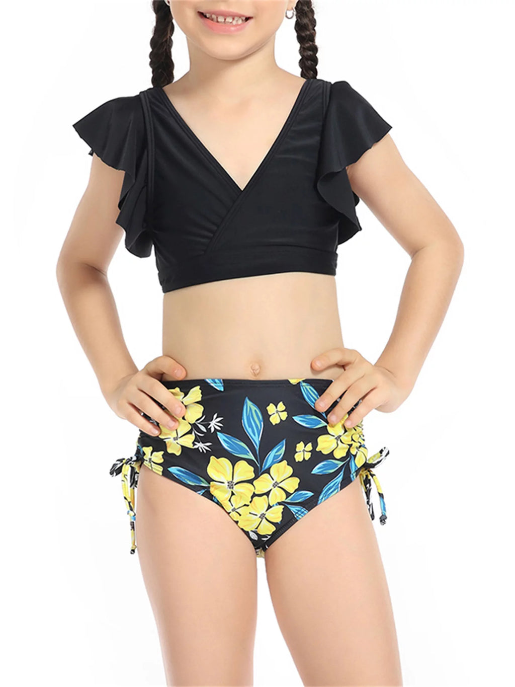 2 Piece Bikinis Set Print Fly Sleeve Tops Briefs Swimwear V774