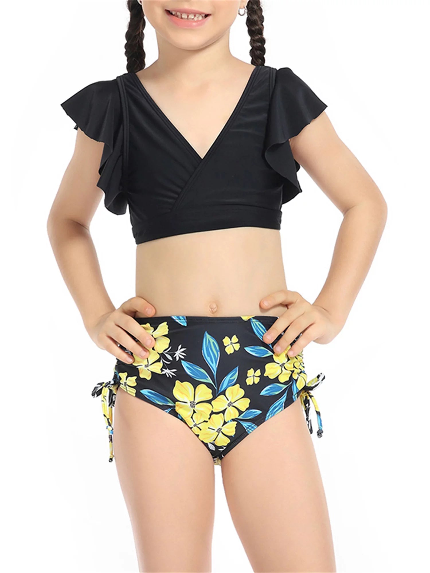 2 Piece Bikinis Set Print Fly Sleeve Tops Briefs Swimwear V774