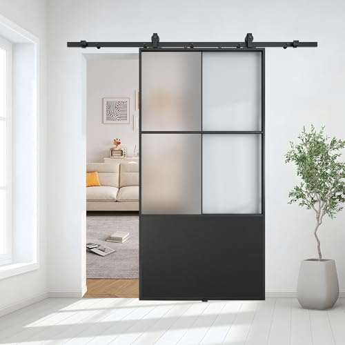Black 3-Panel Frosted Tempered Glass Sliding Barn Door V43030