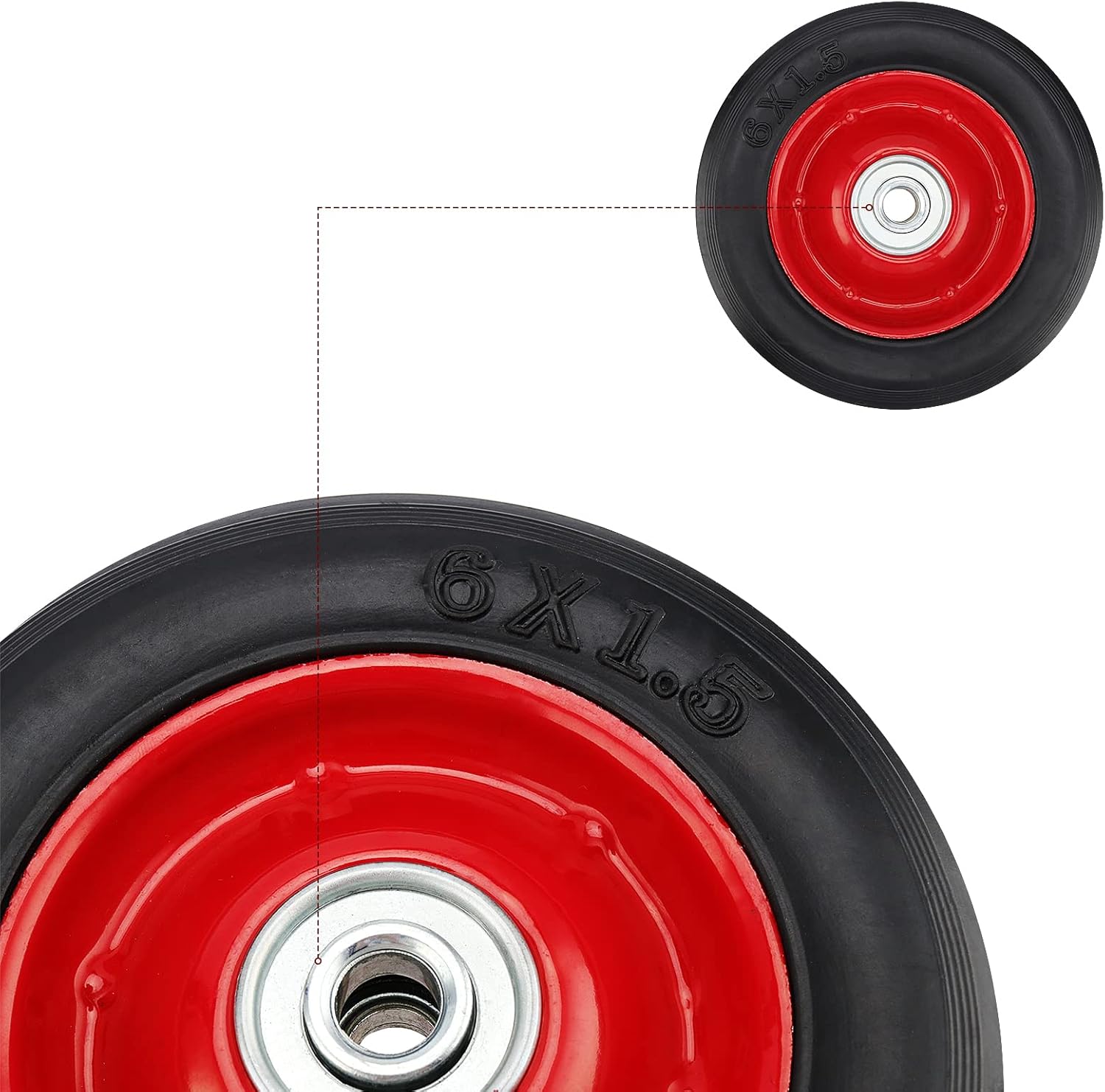 4 Pack 6 Inch Solid Rubber Flat Free Hand Truck Wheel with 5/8 Inch Axle Size E102