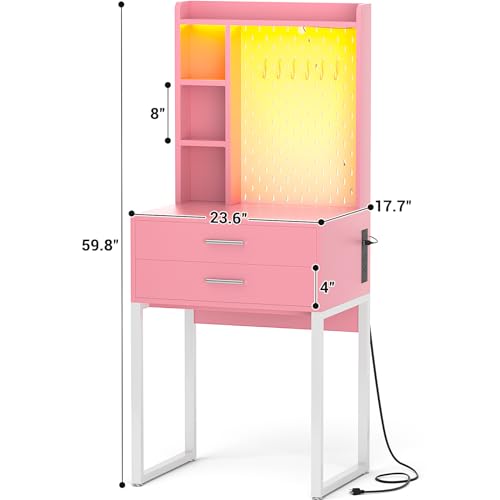 Pink Vanity Desk with Hutch and Drawers and LED Lights U2020