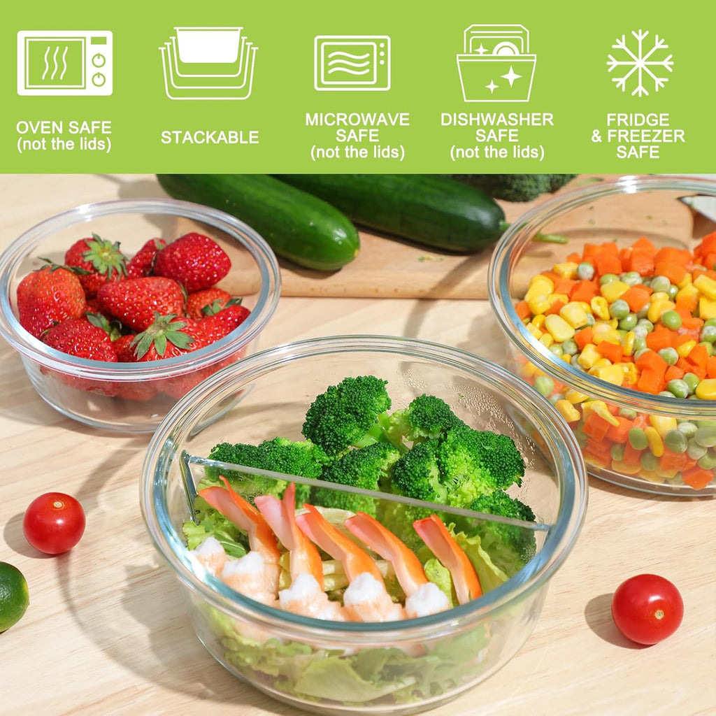 10pc Glass Food Storage Container with Lid, Gray Round Glass Meal Prep Containers D9281