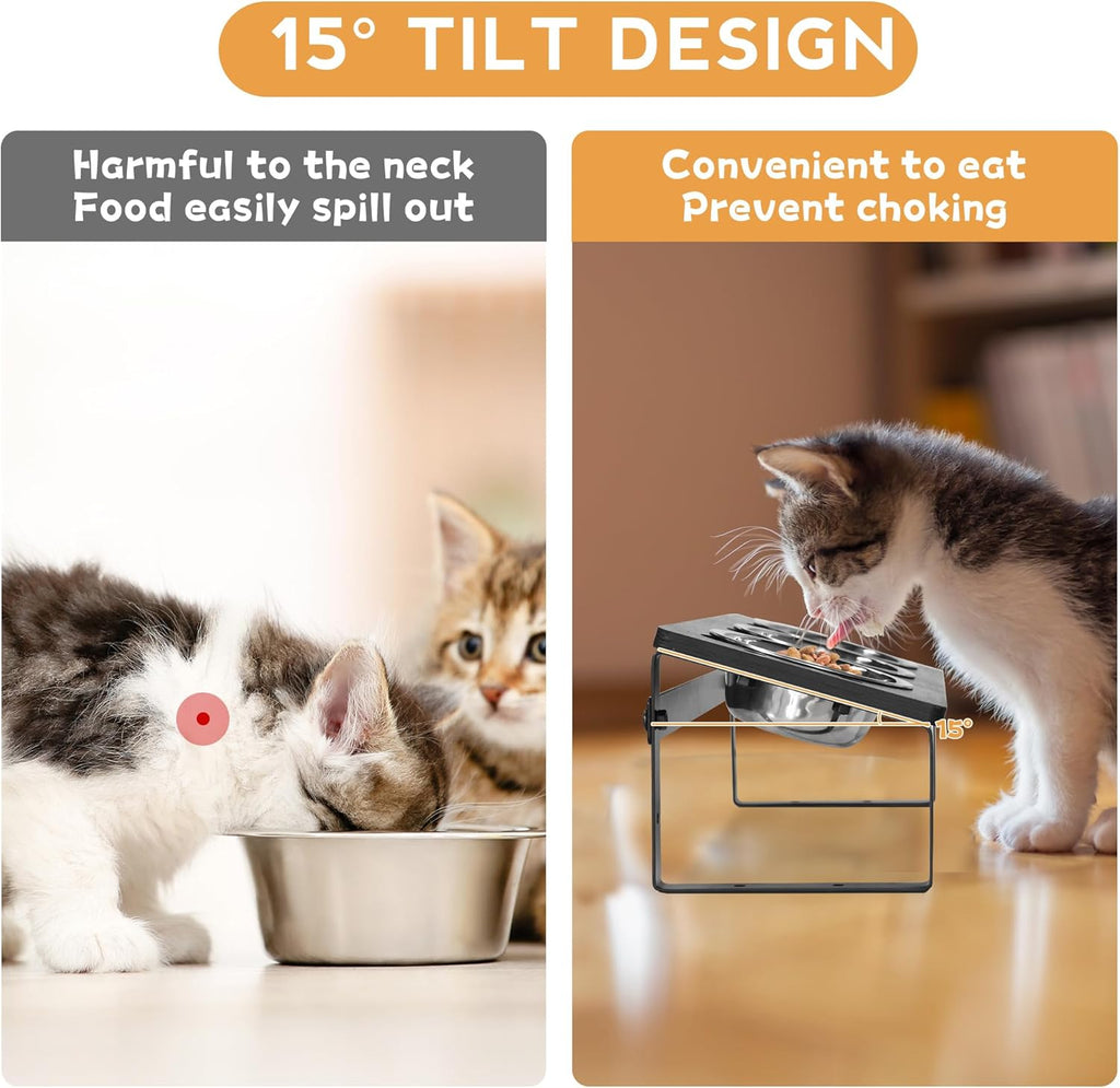 15° Tilted Raised Cat Bowls with Stainless Steel Feeder Bowls I39291