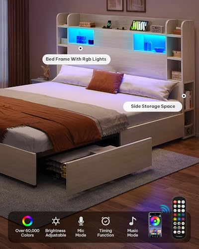 Black Queen Bed Frame with Bookcase Headboard and 4 Storage Drawers J343