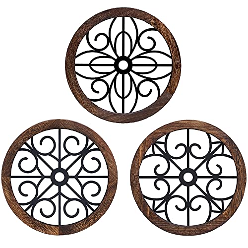3 Pack Rustic Round Wall Art Geometric Scrolled Metal with Wooden Frame J61694