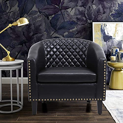 Black Leather Barrel Chair with Nail Head and Wood Legs H1717