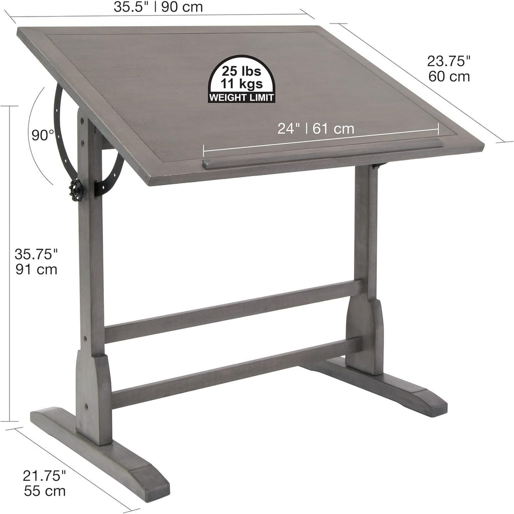 Vintage Drawing Drafting Table with Pencil Ledge - 36" W x 24" D - Slate Gray - Adjustable Tilting Top J576