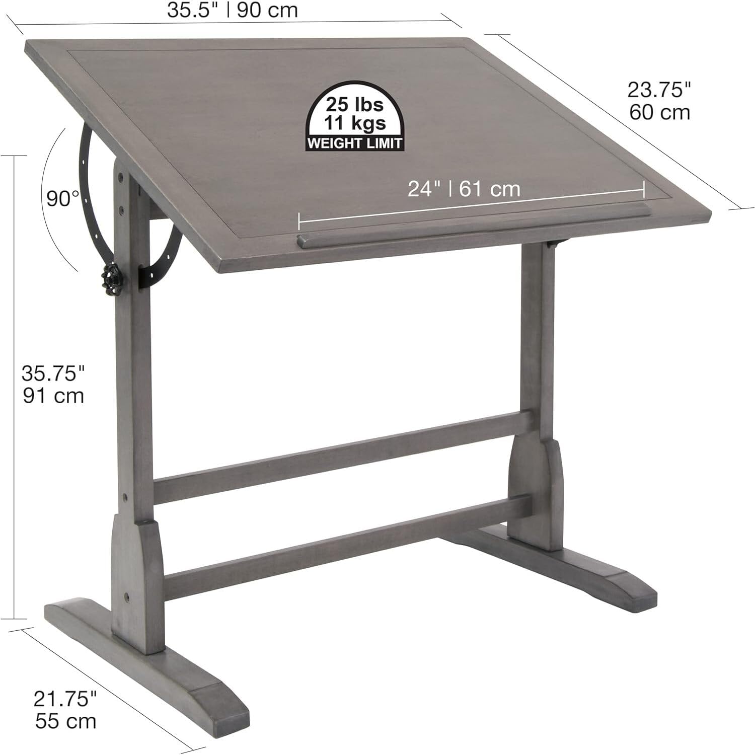 Vintage Drawing Drafting Table with Pencil Ledge - 36" W x 24" D - Slate Gray - Adjustable Tilting Top J576