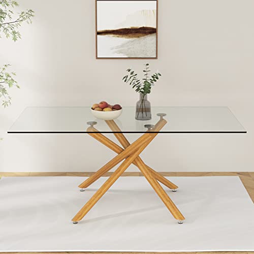 63 Inch Glass Dining Table with Tempered Glass Top and Silver Metal Legs C249