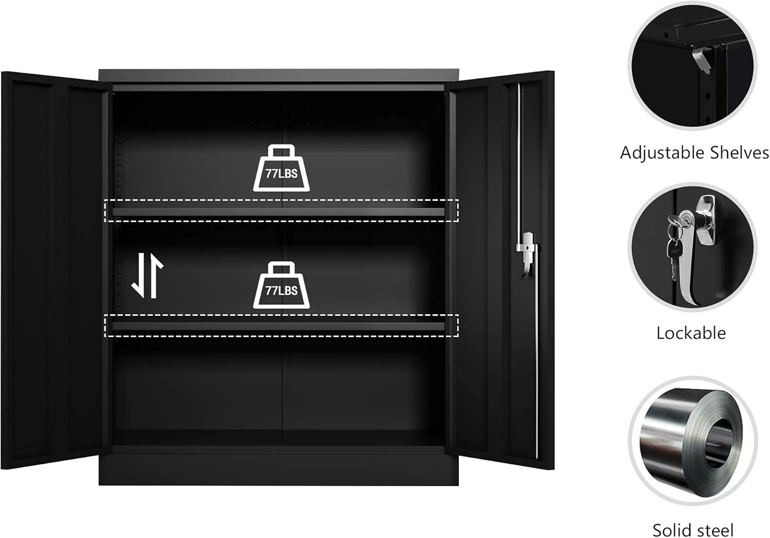 Black Locking Metal Storage Cabinet with Adjustable Shelves, W36'' x D18'' x H41.6'' K330140