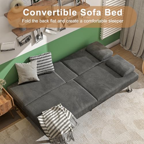 Black Linen Upholstered Convertible Folding Futon Sofa Bed with Removable Armrests, Metal Legs, 2 Cup Holders E765294