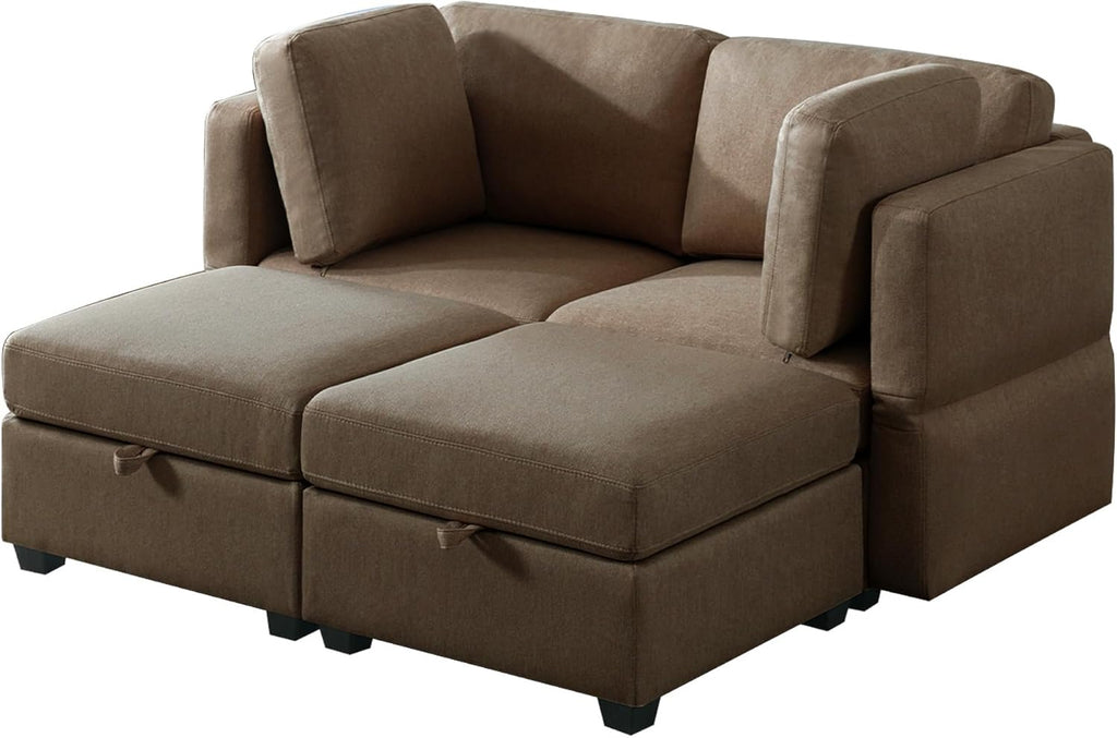 Brown Modular Sectional Sleeper Sofa with 2 Ottomans and Adjustable Arms Y45500