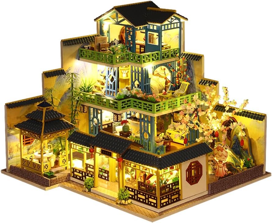 Miniature Three-Storey Villa Dolls House, Wooden Furniture, DIY Dollhouse Kit with LED Z23570