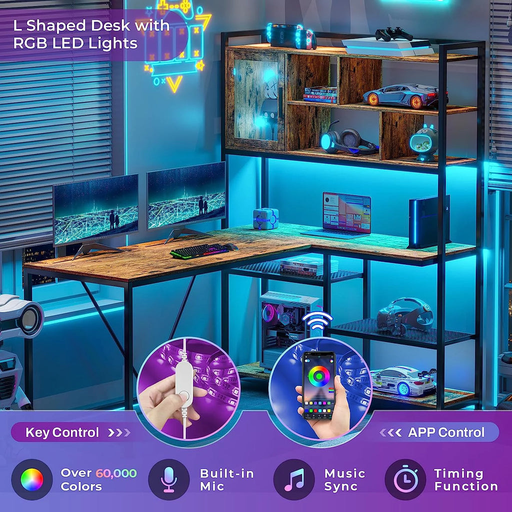 58" Brown L Shaped Gaming Desk with LED Lights and Bookshelf X87445