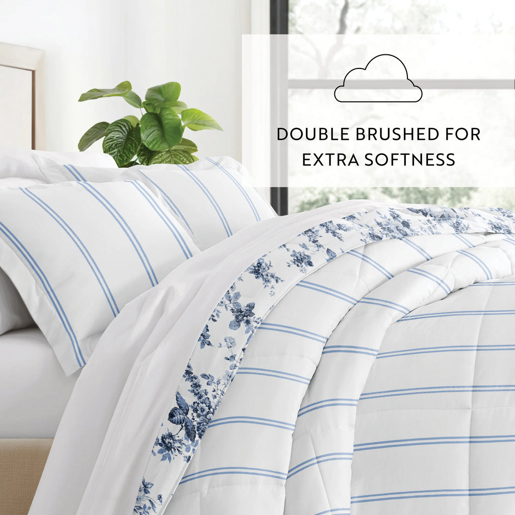 Cabbage Rose Stripe Ultra Soft Reversible Comforter Bed Set H344