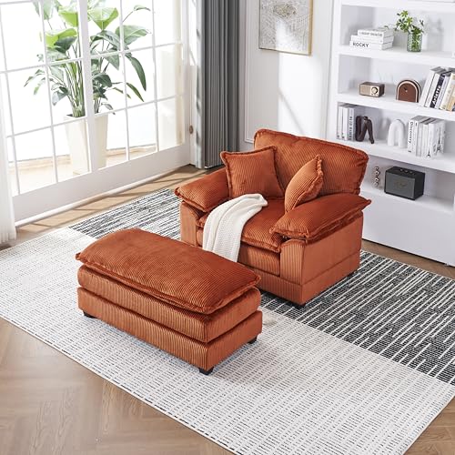 56.3" Corduroy Upholstered Oversized Chaise Lounge Chair with Ottoman & 2 Lumbar Pillows (Green) I44851