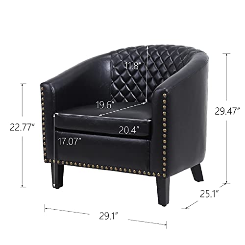 Black Leather Barrel Chair with Nail Head and Wood Legs H1717