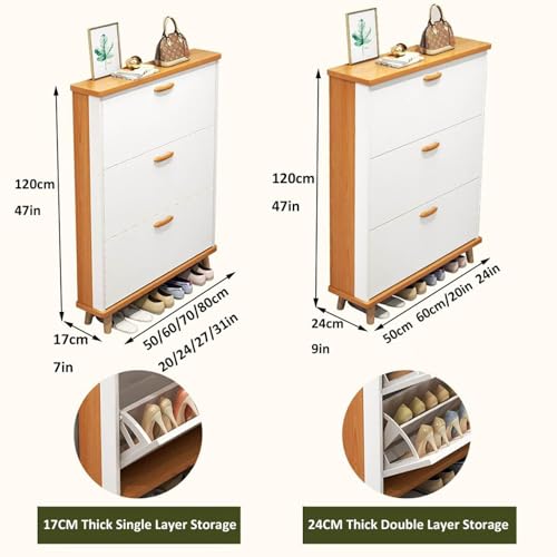 Slim Hidden Shoe Cabinet 3 Flip Drawers Wooden Tall Shoe Rack W625