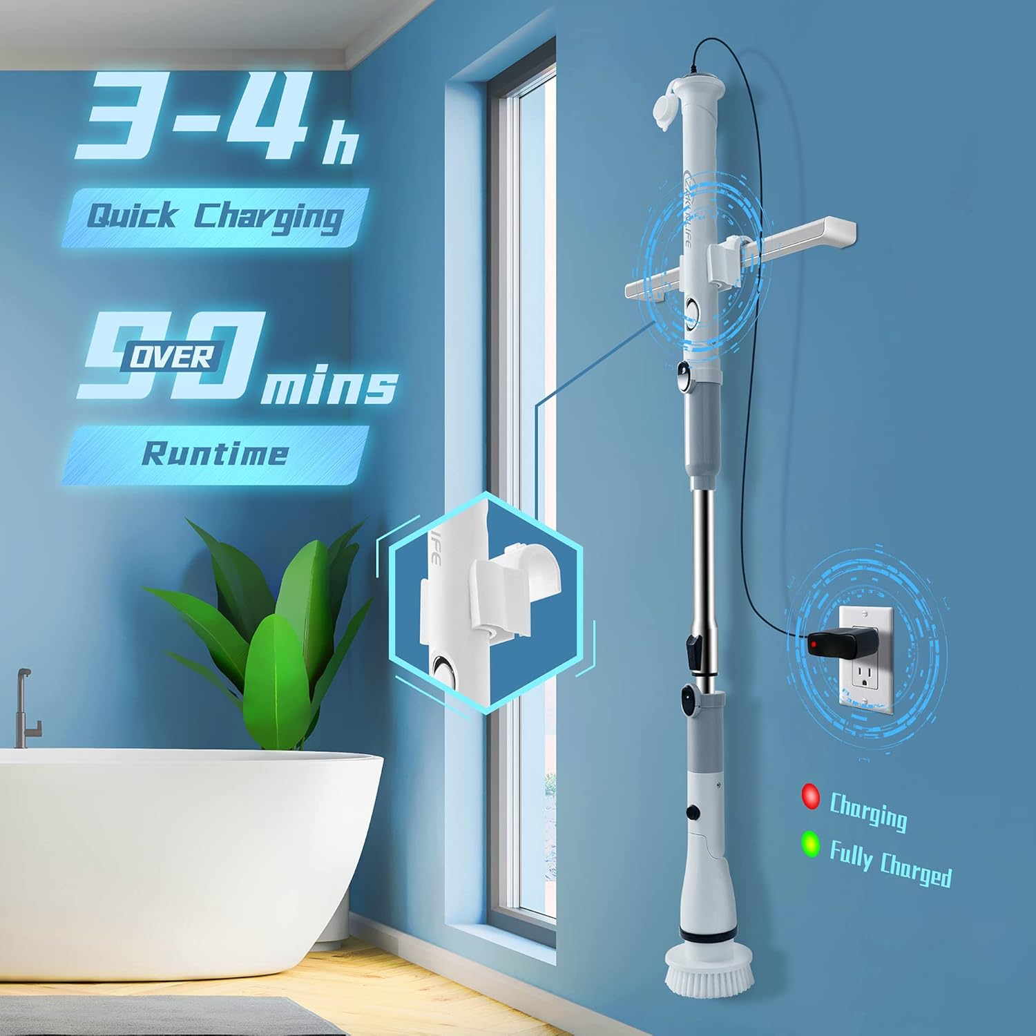 Electric Spin Scrubber with Adjustable Extension Handle & 4 Replaceable Brush Heads N8290