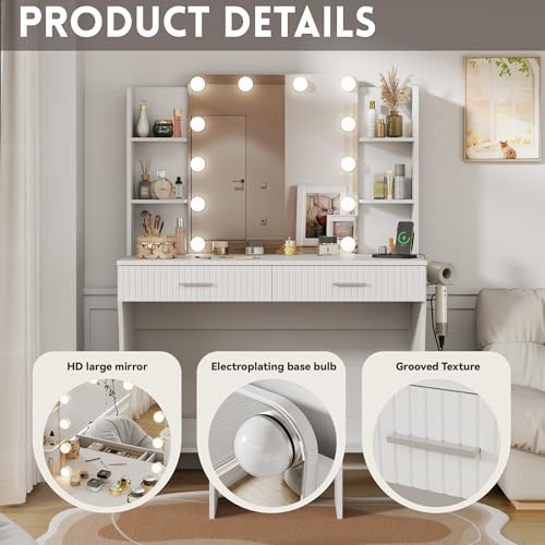 White Vanity Desk with LED Mirror and 2 Drawers P4118