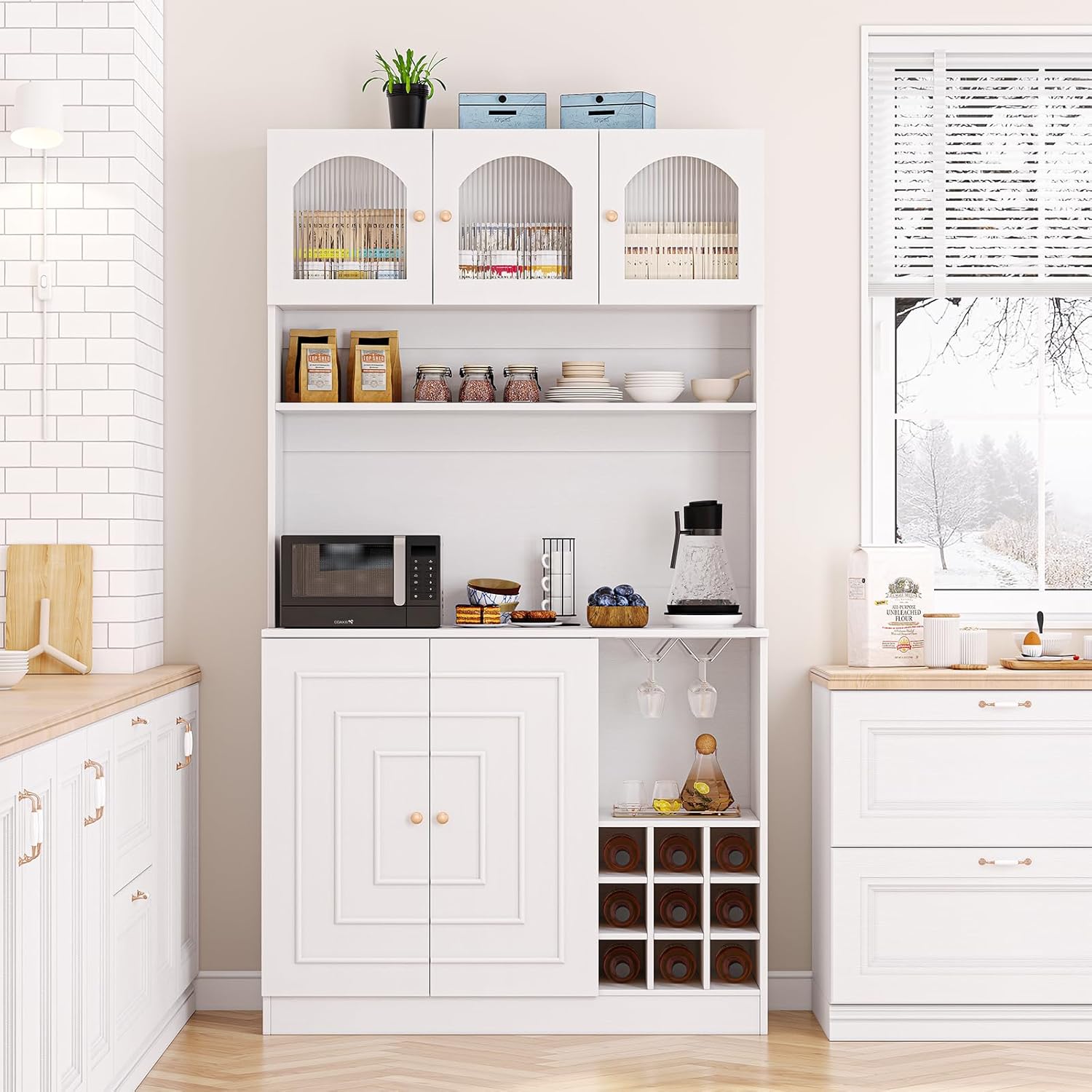 White 71" Tall Freestanding Kitchen Pantry Cabinet with Microwave Stand & Power Outlet J7364