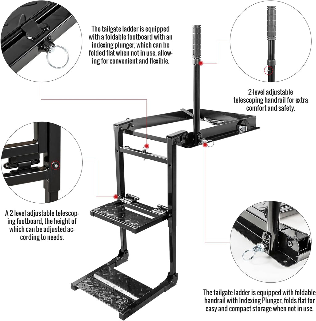 Foldable Retractable Truck Tailgate Step with Telescopic Handrail, Capacity 300 lb D725042