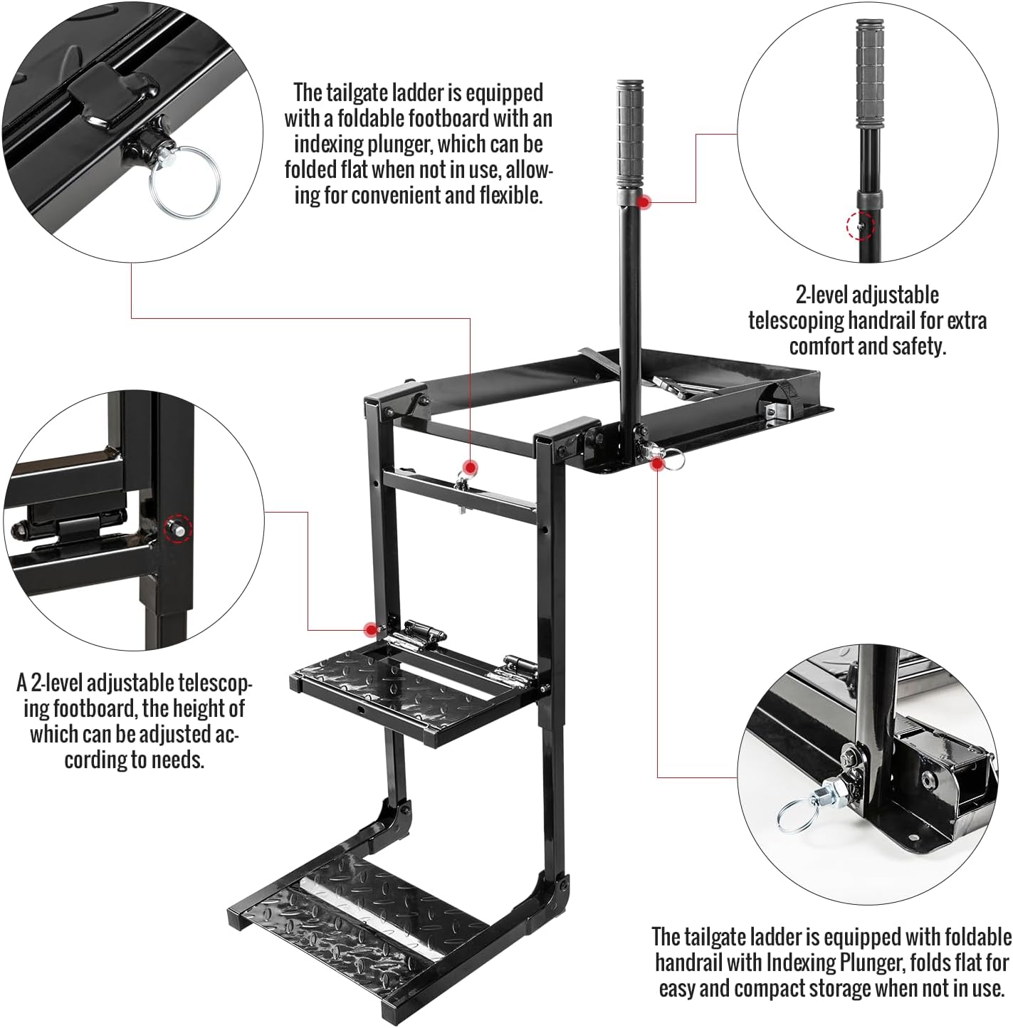 Foldable Retractable Truck Tailgate Step with Telescopic Handrail, Capacity 300 lb D725042