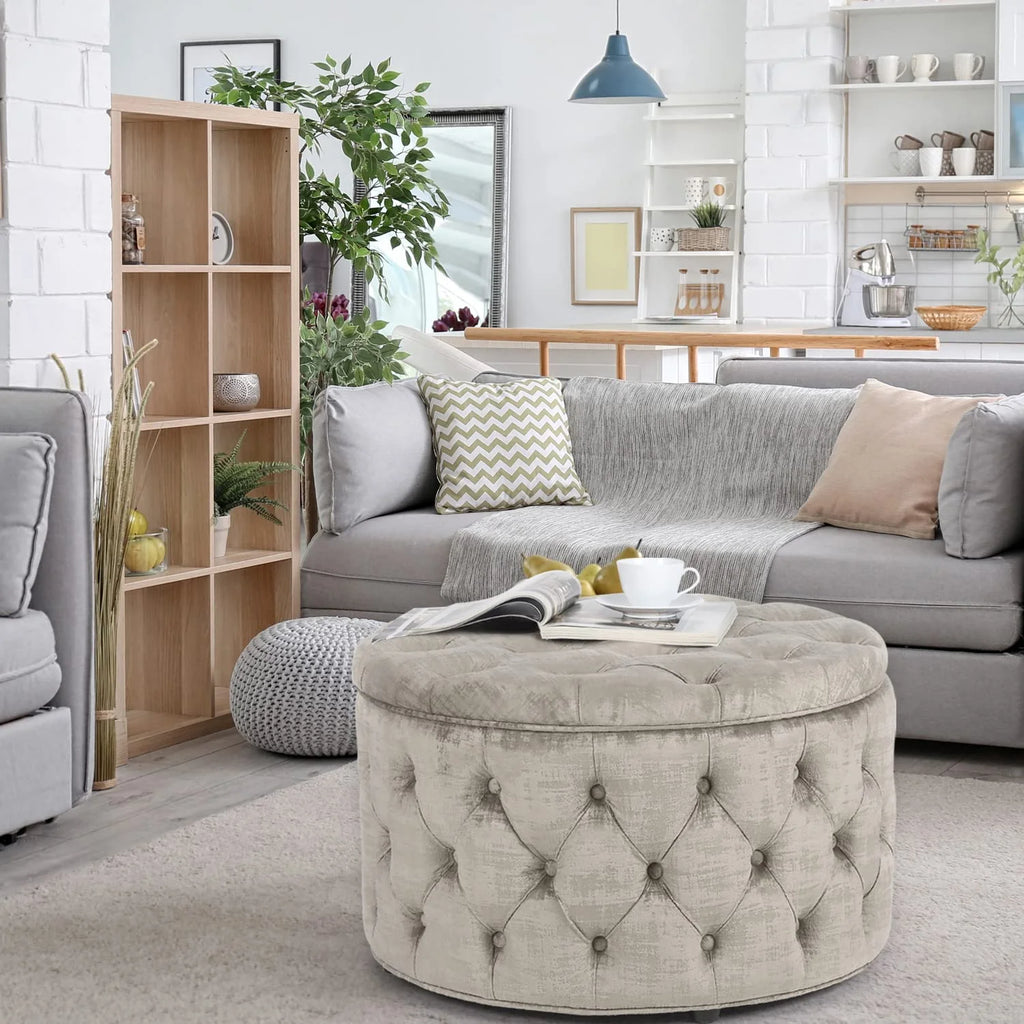 Beige Button Tufted Storage Ottoman W897