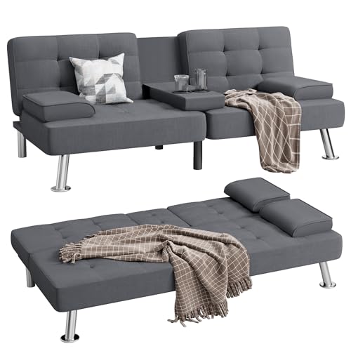 Black Linen Upholstered Convertible Folding Futon Sofa Bed with Removable Armrests, Metal Legs, 2 Cup Holders E765294