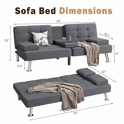 Black Linen Upholstered Convertible Folding Futon Sofa Bed with Removable Armrests, Metal Legs, 2 Cup Holders E765294