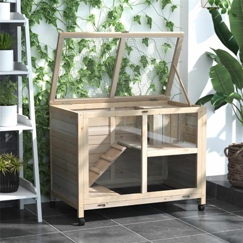 Blue & White Wooden Rabbit Hutch with Tray and Wheels L1903