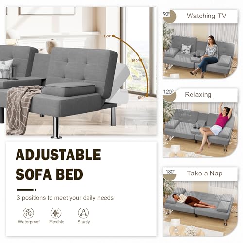 Black Linen Upholstered Convertible Folding Futon Sofa Bed with Removable Armrests, Metal Legs, 2 Cup Holders E765294