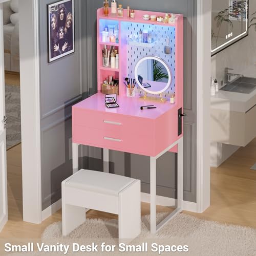 Pink Vanity Desk with Hutch and Drawers and LED Lights U2020