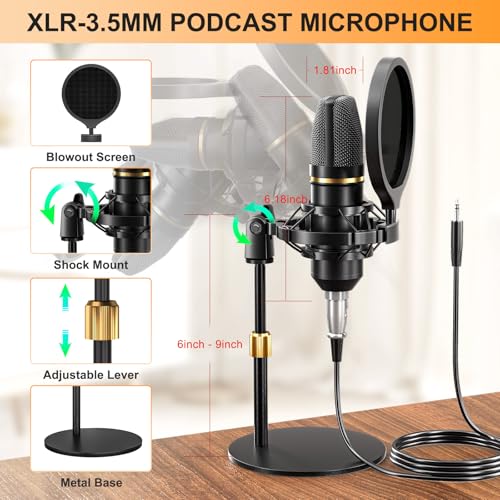 Podcast Microphone Bundle with Live Sound Card Audio Mixer, 3.5mm Condenser Microphone, Sound Board with Voice Changer H6673