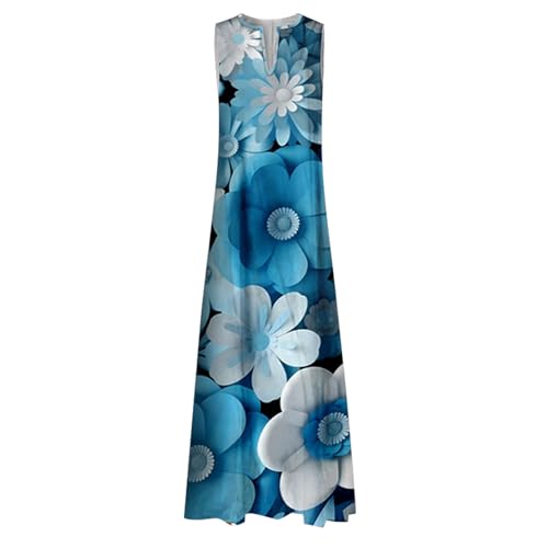 Boho Floral Print Crew Neck Sleeveless Swing Sundresses with Pockets K642232