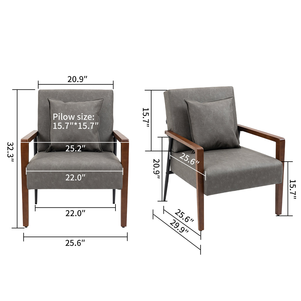 Brown Leather Armchair with Solid Wood Armrest and Removable Cushions A331